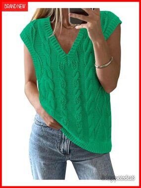 Oversized Cable Knit V Neck Sweater Vest Sleeveless Pullover